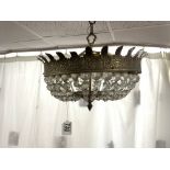 A 1950s GILT METAL AND GLASS DROP CHANDELIER, 40 CMS DIAMETER,