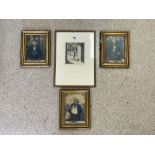 ETCHING OF A NUDE BOY IN DOORWAY, 16X18 CMS, AND THREE OLEOGRAPH PORTRAITS OF GENTLEMEN.