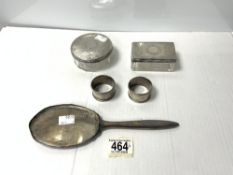 MIXED HALLMARKED SILVER ITEMS TWO NAPKIN RINGS,SILVER TOP GLASS DISHES AND MORE TOTAL SILVER