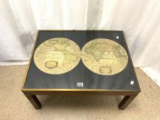 A GLASS TOP WORLD MAP COFFEE TABLE WITH BRASS BORDERS, 76 X 58 CM.