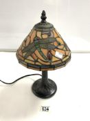 A TIFFANY STYLE DRAGONFLY TABLE LAMP, 34 CMS; HANDMADE IN FREDERICKSBURG TEXAS