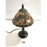 A TIFFANY STYLE DRAGONFLY TABLE LAMP, 34 CMS; HANDMADE IN FREDERICKSBURG TEXAS