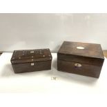 VICTORIAN ROSEWOOD SEWING BOX 30CM WITH A ROSEWOOD AND MOTHER OF PEARL INLAID TEA CADDY BOTH A/F