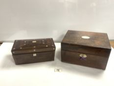 VICTORIAN ROSEWOOD SEWING BOX 30CM WITH A ROSEWOOD AND MOTHER OF PEARL INLAID TEA CADDY BOTH A/F