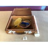 VINTAGE WOODEN BOX WITH VINTAGE BRUSH AND MIRROR AND MORE