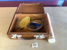 VINTAGE WOODEN BOX WITH VINTAGE BRUSH AND MIRROR AND MORE