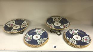 ROYAL WORCESTER FOR MORTLOCKS 10 PIECE DESSERT SERVICE WITH FLORAL ENAMEL DECORATION WITHIN BLUE AND