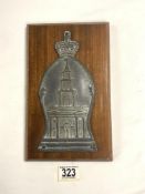 1835 LEAD - ROYAL EXCHANGE FIRE MARK, MOUNTED ON WOODEN PLAQUE.