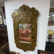 LARGE ANTIQUE MEXICAN COPPER AND BRASS DESIGN WOODEN WALL MIRROR 146 X 81CM