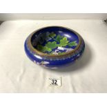 A TWENTIETH CENTURY CIRCULAR CLOISONNE BOWL, DECORATED WITH BIRD AND FLOWERS, 24 CMS DIAM.