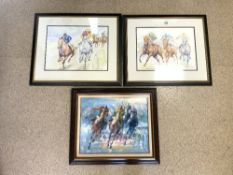 TWO MODERN WATERCOLOURS OF HORSE RACING AND ONE OIL, 50X40 CMS.