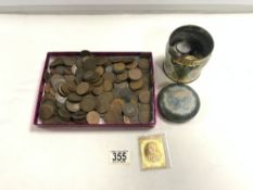 QUANTITY OF MIXED COINS AND A GOLD PLATED COPY OF A STAMP.