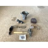 A SMALL ANTIQUE BRONZE VESSEL, PAIR LORGNETTES, COLD PAINTED METAL DOG, AND MORE.