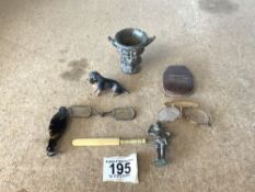 A SMALL ANTIQUE BRONZE VESSEL, PAIR LORGNETTES, COLD PAINTED METAL DOG, AND MORE.