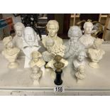 FOURTEEN SMALL BUSTS, IN WHITE PORCELAIN, PARIAN, CHALK AND RESIN - QUEEN VICTORIA AND MORE.