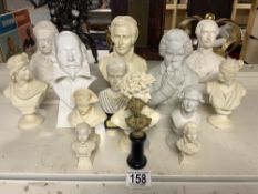 FOURTEEN SMALL BUSTS, IN WHITE PORCELAIN, PARIAN, CHALK AND RESIN - QUEEN VICTORIA AND MORE.