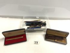 A GOLD-PLATED PARKER FOUNTAIN PEN IN CASE, AND 10 OTHER VINTAGE FOUNTAIN PENS, AND A SWAN PEN