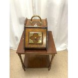 ANTIQUE OAK COAL PERDONIUM WITH ORIGINAL BRASS WORK WITH TWO-TIER TABLE