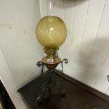 WROUGHT IRON BRASS AND COPPER WITH PINEAPPLE GLASS SHADE OIL LAMP 56CM