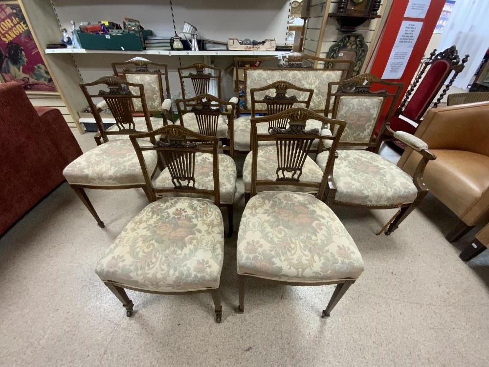 NINE PIECE SALON SUITE TWO SEATER AND EIGHT CHAIRS ALL WITH MARQUERTY WORK