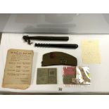 A HOME GUARD ISSUE TRUNCHEON, A POLICE TRUNCHEON, ARMY CAP WITH KINGS ROYAL RIFLE CORPS BADGE, LON