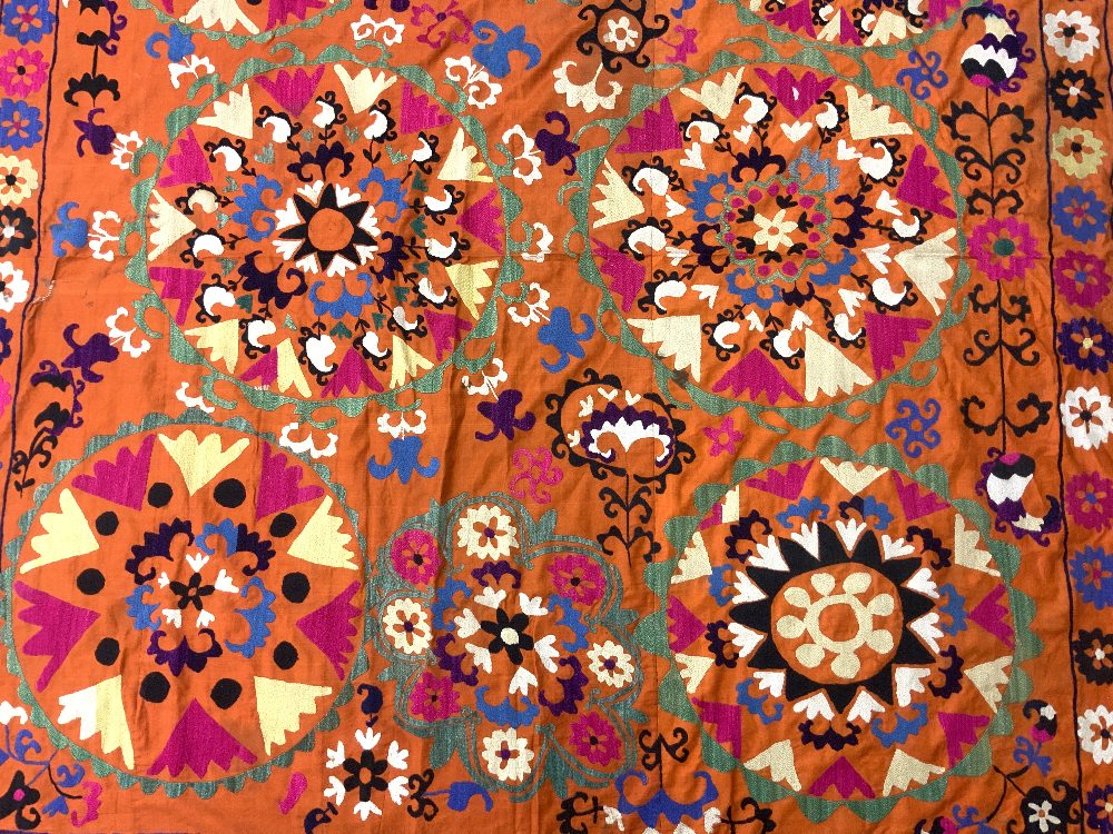 SUZANI FLORAL EMBROIDERED MULTICOLOURED WALL HANGING ON ORANGE BACKGROUND FROM UZBEKISTAN, `170 X - Image 2 of 3