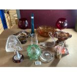 MIXED GLASSWARE INCLUDES CARNIVAL WARE CHRISTIAN DIOR PERFUME BOTTLE, PAPERWEIGHTS AND MORE