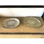 LARGE SILVER-PLATED SERVING TRAY 72CM WITH AN ARTISAN CHROME SCALLOPED SHAPED DISH 53CM; MADE IN