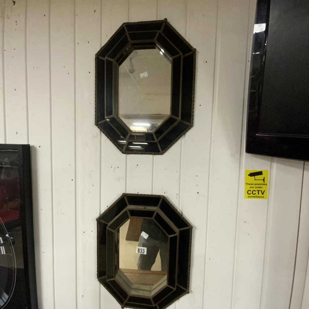PAIR OF MEXICAN METAL AND GLASS OCTAGONAL WALL MIRRORS 36 X 47CM
