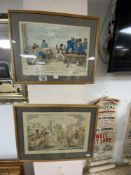 TWO 1820S CRUIKSHANK COLOURED ENGRAVINGS FRAMED AND GLAZED LARGEST 48 X 38CM