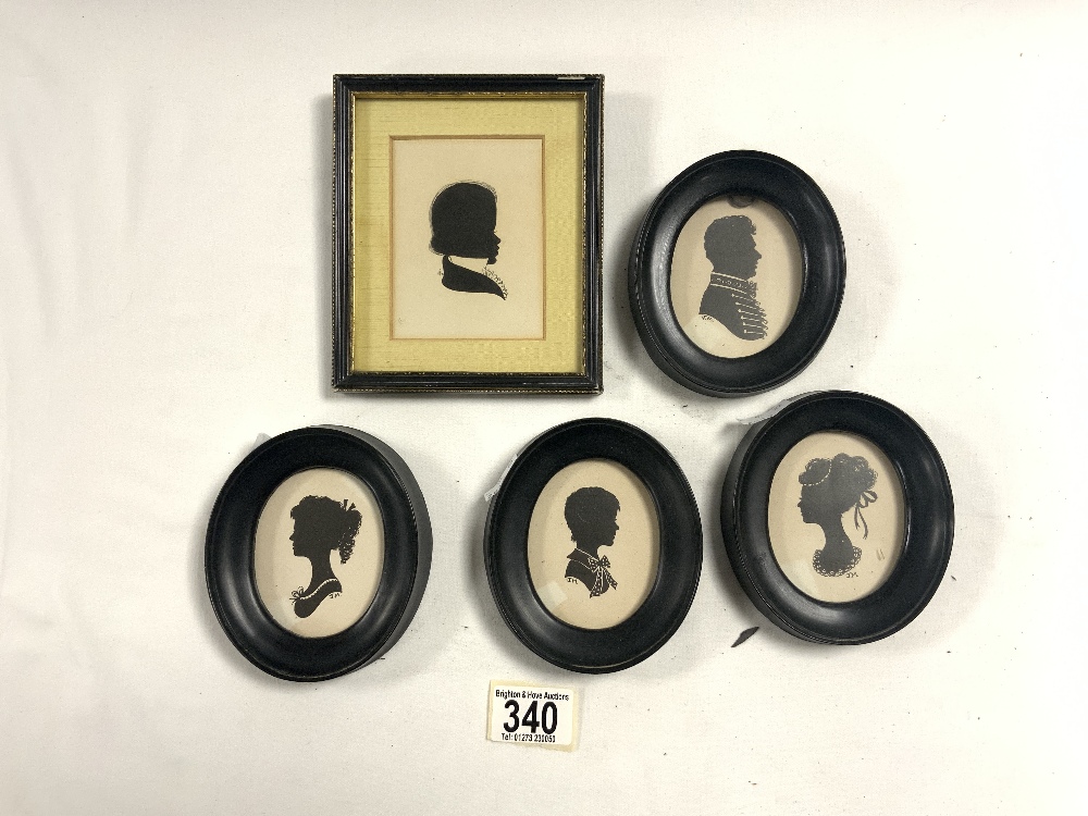 FIVE FRAMED MINATURE SILHOUETTES PORTRAITS IN EBONISED FRAMES, FOUR OVAL AND ONE SQUARE.
