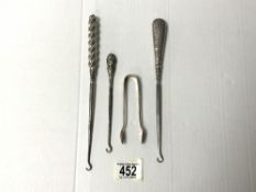 THREE HALLMARKED SILVER HANDLED BUTTON HOOKS WITH A HALLMARKED SILVER PAIR OF SUGAR TONGS