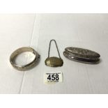 THREE HALLMARKED SILVER PIECES, A PORT DECANTER LABEL, BANGLE AND LIDDED POT 81 GRAMS