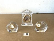 WATERFORD CRYSTAL ARCHITECTURAL MANTEL CLOCK WITH QUARTZ MOVEMENT 17CM ALSO TWO BOHEMIAN CUT GLASS