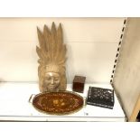 A CARVED WOODEN TRIBAL MASK, OVAL MARQUETRY INLAID DRINKS TRAY, AND TWO SMALL METAL BOUND BOXES.