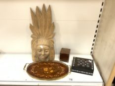 A CARVED WOODEN TRIBAL MASK, OVAL MARQUETRY INLAID DRINKS TRAY, AND TWO SMALL METAL BOUND BOXES.