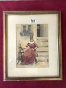 WATERCOLOUR DRAWING OF A GYPSY WOMAN SPINNING WOOL, SIGNED FPG, 20 X 28 CM.