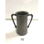 LIBERTY TUDRIC PEWTER ART NOUVEAU TWO HANDLED TANKARD - ENTITLED - FOR OLD TIMES SAKE, 20 CMS.