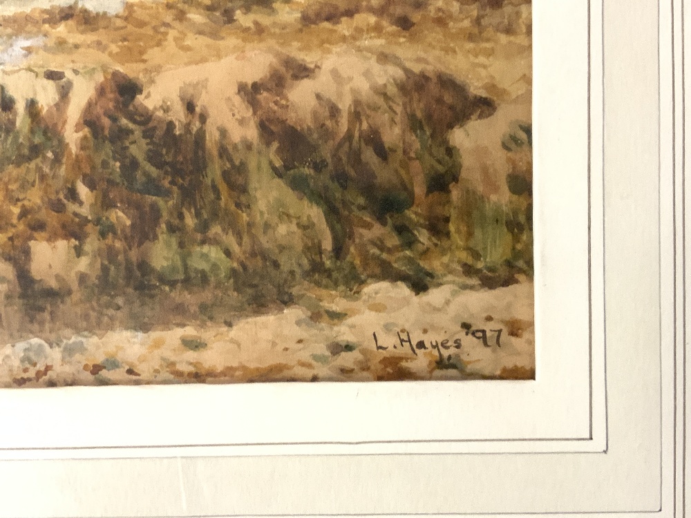 L HAYES SIGNED WATERCOLOUR DRAWING -COASTAL SCENE WITH AN ISLAND DATED 97 29 X 39CM - Image 3 of 4