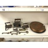 A QUANTITY OF COPPER PLATES, VICTORIAN FLAT IRONS, OLD IRON KEYS AND MORE.