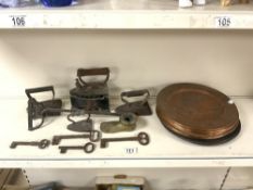 A QUANTITY OF COPPER PLATES, VICTORIAN FLAT IRONS, OLD IRON KEYS AND MORE.