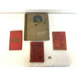 POSTCARD ALBUM CONTAINING M SOWERBY CARDS, AND EARLY BODY BUILDING BOOK AND TWO OTHERS.