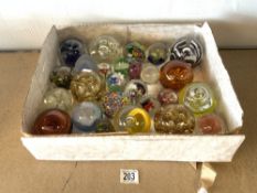 A COLLECTION OF 28 GLASS PAPER WEIGHTS OF VARIOUS DESIGNS.