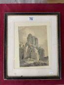 GEORGE MORLAND (1763-1804), MONOCHROME WASH DRAWING OF ABBEY RUINS WITH SEATED BOY AND DOG, 20 X