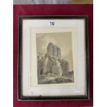 GEORGE MORLAND (1763-1804), MONOCHROME WASH DRAWING OF ABBEY RUINS WITH SEATED BOY AND DOG, 20 X