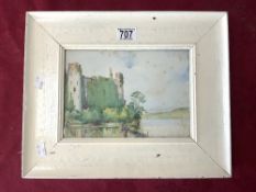 WATERCOLOUR DRAWING OF A CASTLE BY A RIVER, IN A PAINTED GLAZED FRAME. 25 X 17 CM.