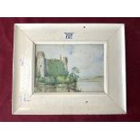 WATERCOLOUR DRAWING OF A CASTLE BY A RIVER, IN A PAINTED GLAZED FRAME. 25 X 17 CM.