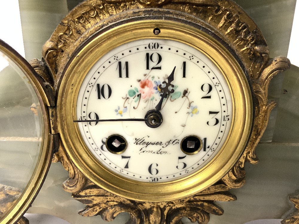 A LATE NINETEENTH CENTURY FRENCH ONYX AND GILT METAL MANTEL CLOCK, WITH FLORAL DECORATED DIAL, 19X27 - Image 3 of 6