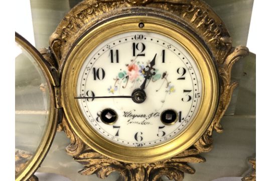 A LATE NINETEENTH CENTURY FRENCH ONYX AND GILT METAL MANTEL CLOCK, WITH FLORAL DECORATED DIAL, 19X27 - Image 3 of 6