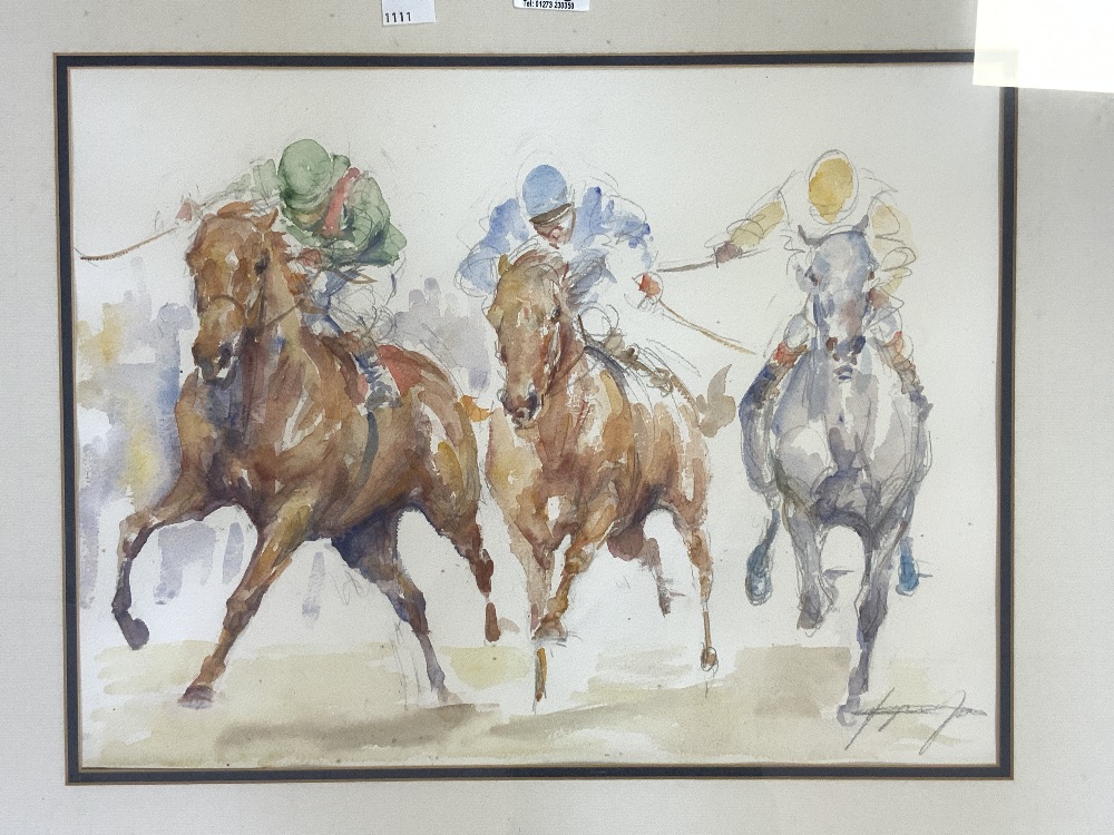 TWO MODERN WATERCOLOURS OF HORSE RACING AND ONE OIL, 50X40 CMS. - Image 3 of 7